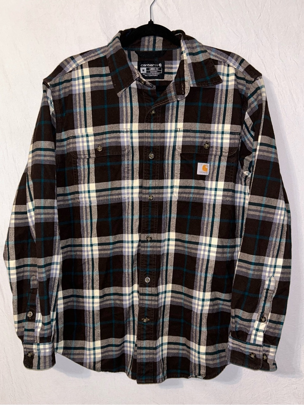 Carhartt Men’s Loose Fit Heavyweight Flannel  Shirt Brown Cream and Teal Plaid M
